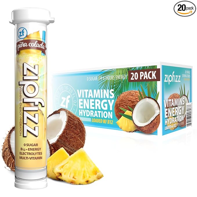 Zipfizz Daily Energy Drink Powder, Pina Colada, 20 Pack | 3-in-1 Sustained by Zipfizz