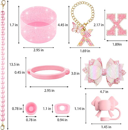 9PCS Pink for Stanley Cup Accessories Set Bling Initials Bow Charms for Stanley - Image 3