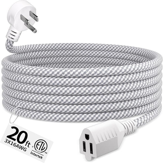 16 Gauge Braided Extension Cord 20 FT, 16/3 Flat Plug Power Cord Indoor by Seeklyze