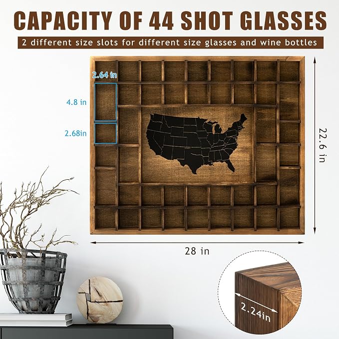 GlikCeil Large Map Slots Shot Glass Display Case Rustic Wood Holder - Image 2