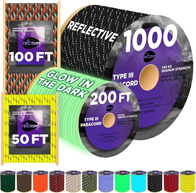 TECEUM 5/32" Paracord Rope 1000 – 1000ft / 200ft / 100ft / 50ft – Tactical by TECEUM