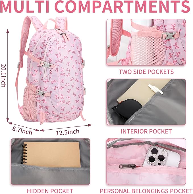 40l Foldable Pink Bow Backpack for Women Pink Waterproof Lightweight Packable - Image 2