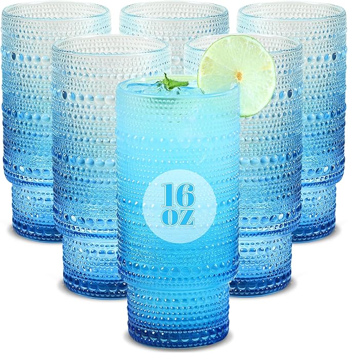 Large Capacity 16 oz Hobnail Drinking Glasses Set of 6, Vintage Glassware by Cowjut