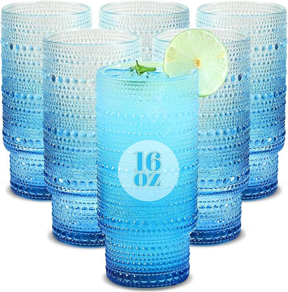 Large Capacity 16 oz Hobnail Drinking Glasses Set of 6, Vintage Glassware by Cowjut