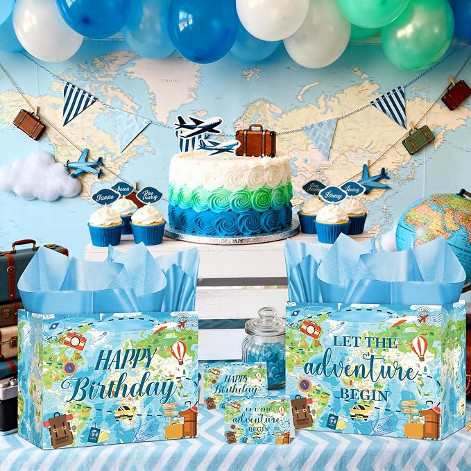 Travel World Map Birthday Gift Bag Double-Sided Let the Adventure Begin Gift - Image 6