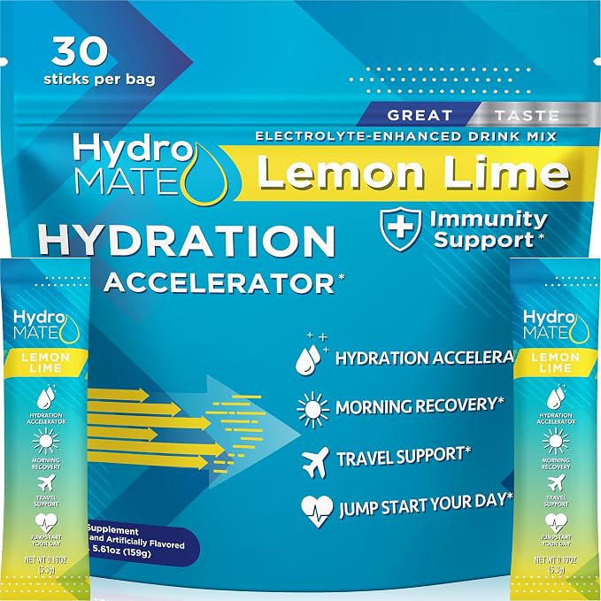 HydroMATE Electrolyte Powder Lemon Lime Hydration Packets Low Sugar 30 Count by HydroMATE