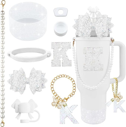 9PCS White for Stanley Cup Accessories Set Bling Initials Bow Charms for by Unknown