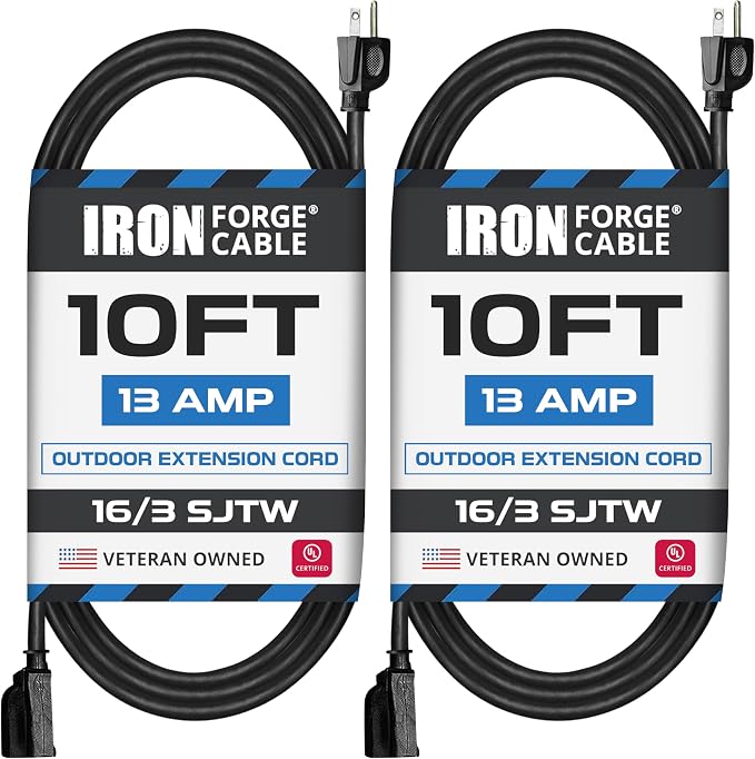 Iron Forge Cable 2 Pack 10 Ft Black Extension Cord, 10 Foot Extension Cord by IronForgeCable