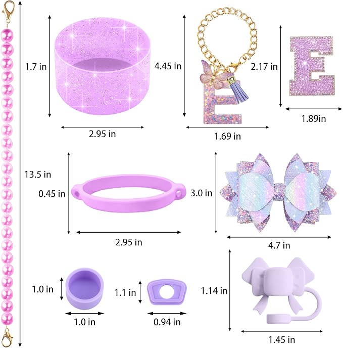 9PCS Purple for Stanley Cup Accessories Set Bling Initials Bow Charms for - Image 3