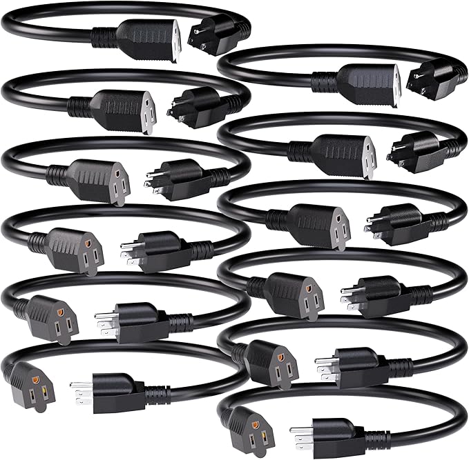 12 Pack Short Extension Cord 1 Foot Black, 16/3 Gauge Indoor Power Extension by POWGRN