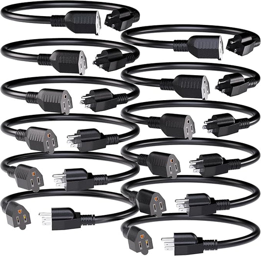 12 Pack Short Extension Cord 1 Foot Black, 16/3 Gauge Indoor Power Extension by POWGRN