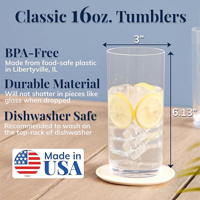 US Acrylic Classic Clear Plastic Reusable Drinking Glasses 16oz Water Cups | - Image 2