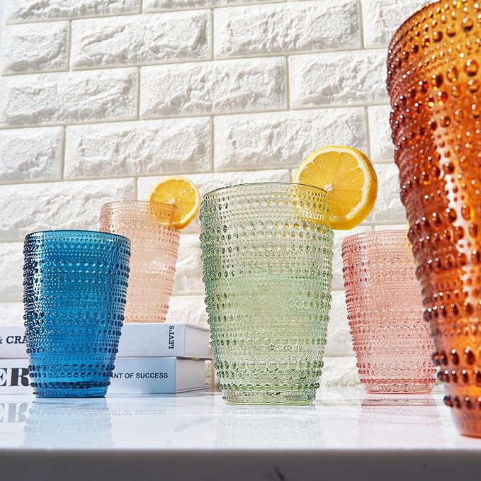 Khen Beaded Highball Tumbler Drinking Glasses Set | Set of 6 | Vintage Hobnail - Image 4