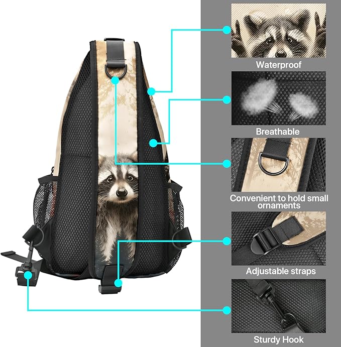 FyLybois Raccoon Sling Bag for Women Lightweight Crossbody Backpack Casual - Image 4