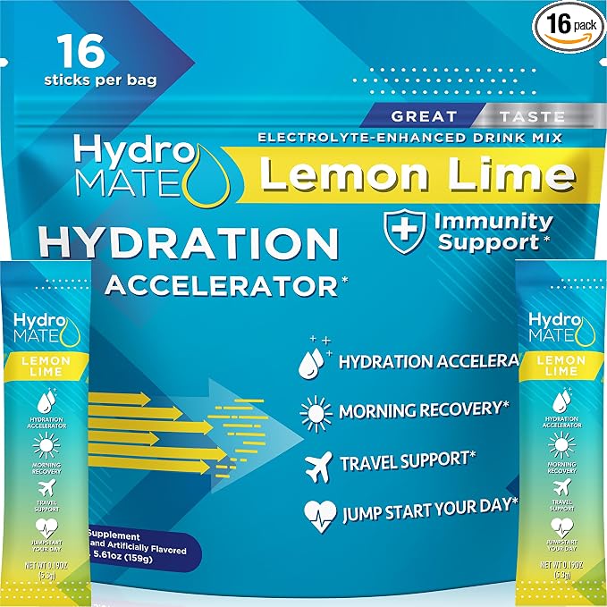 HydroMATE Electrolyte Powder Lemon Lime Hydration Packets Low Sugar 16 Count by HydroMATE