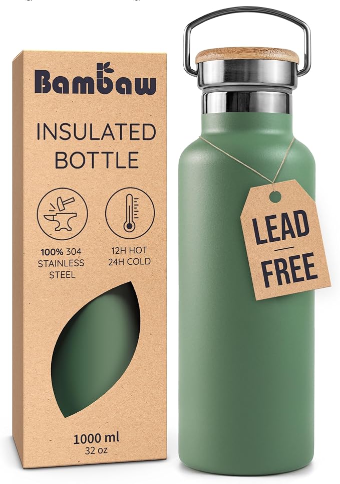 Bambaw 32oz Insulated Water Bottle, Metal Water Bottle Stainless Steel Great by Bambaw