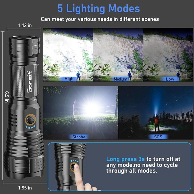 Flashlights LED High Lumens Rechargeable, Goreit 20, 000 Lumens XHP70.2 Super - Image 5