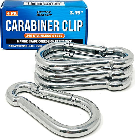 Stainless Steel Carabiner Clip, 4 Pack, 316 Marine Grade, Heavy Duty Spring by BetterBoat