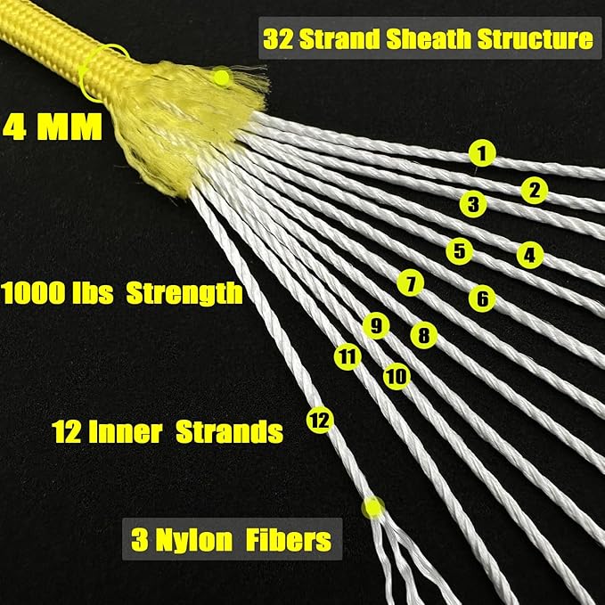 VVAAGG 1000 Yellow Paracord 100FT Utility Parachute Cord 4mm Nylon String12 - Image 2