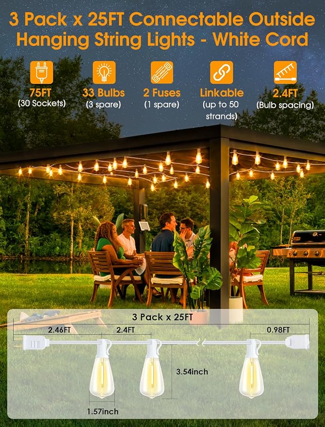 Larkvue 75FT Outdoor String Lights, Patio Lights - Image 2