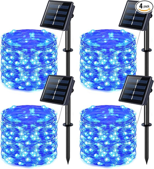 JMEXSUSS 4 Pack 100 LED Solar Fairy Lights, 33ft Blue Solar String Lights by JMEXSUSS