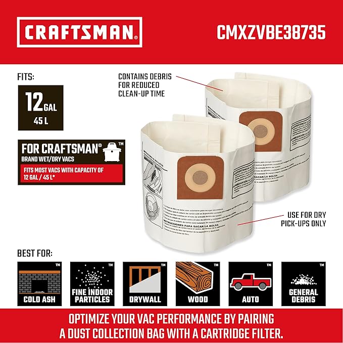 CRAFTSMAN CMXZVBE38735 Genuine Fine Dust Wet Dry Vac Dust Collection Bags - Image 2