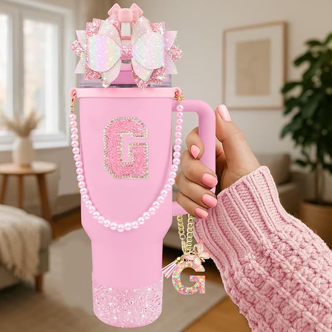 9PCS Pink for Stanley Cup Accessories Set Bling Initials Bow Charms for Stanley - Image 2
