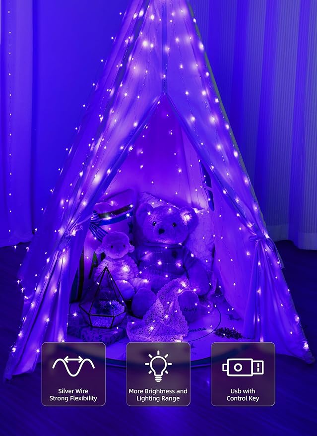 Brightown 300 LED Purple Fairy Curtain Lights, 9.8ft x 9.8ft String Lights - Image 3