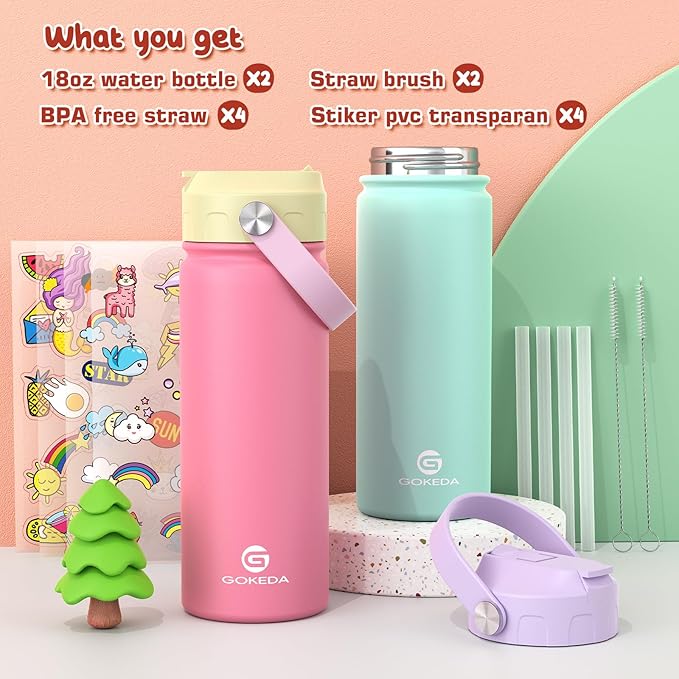 GoKEDA 18oz Kids Water Bottle, 2 Pack Insulated Bottles - Image 2