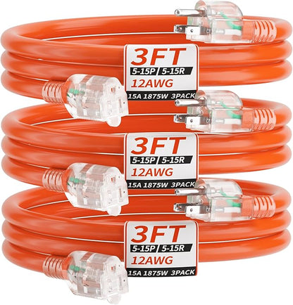 PlugSaf 3 Pack 3FT 12/3 Gauge Outdoor Extension Cord Waterproof by PlugSaf