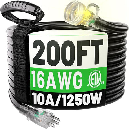 POWGRN 200FT 16 Gauge Black Outdoor Extension Cord Waterproof, 3 Prong Flexible by POWGRN