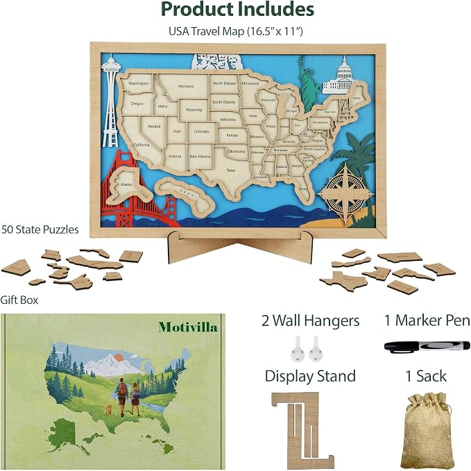 Wooden USA Landmark Travel Map, 16.5 x 11, 3-Layer Wood State Map Tracker Puzzle - Image 4