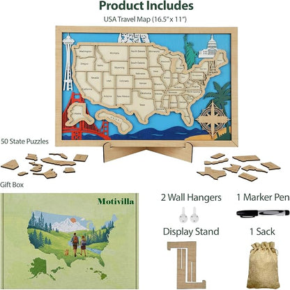 Wooden USA Landmark Travel Map, 16.5 x 11, 3-Layer Wood State Map Tracker Puzzle - Image 4