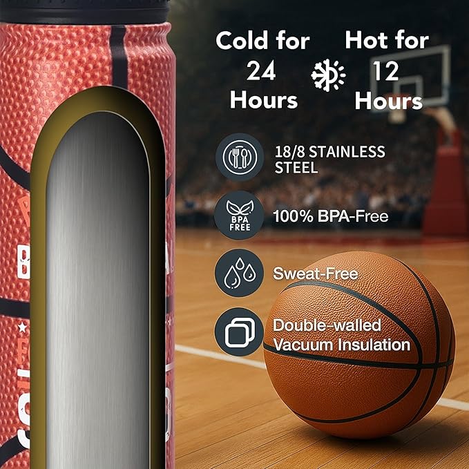 Basketball Water Bottle, 24 oz Insulated Stainless Steel Sports Bottle - Image 6