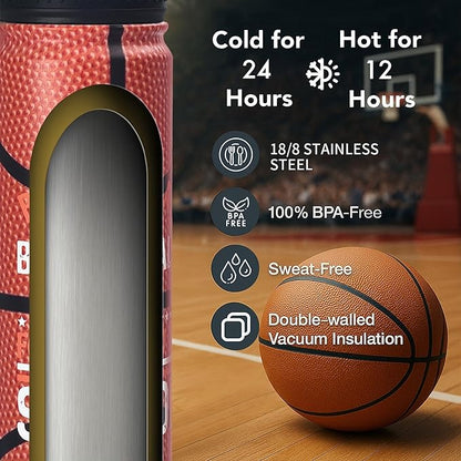 Basketball Water Bottle, 24 oz Insulated Stainless Steel Sports Bottle - Image 6