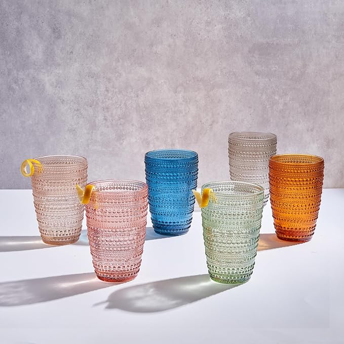 Khen Beaded Highball Tumbler Drinking Glasses Set | Set of 6 | Vintage Hobnail - Image 5