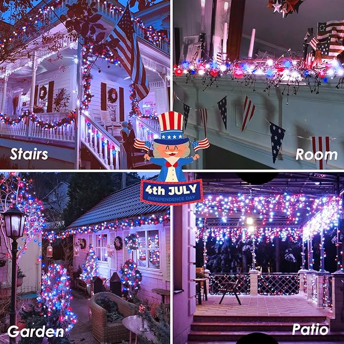 4th of July Red White and Blue Lights, Connectable 200 LED 66FT String Lights - Image 7