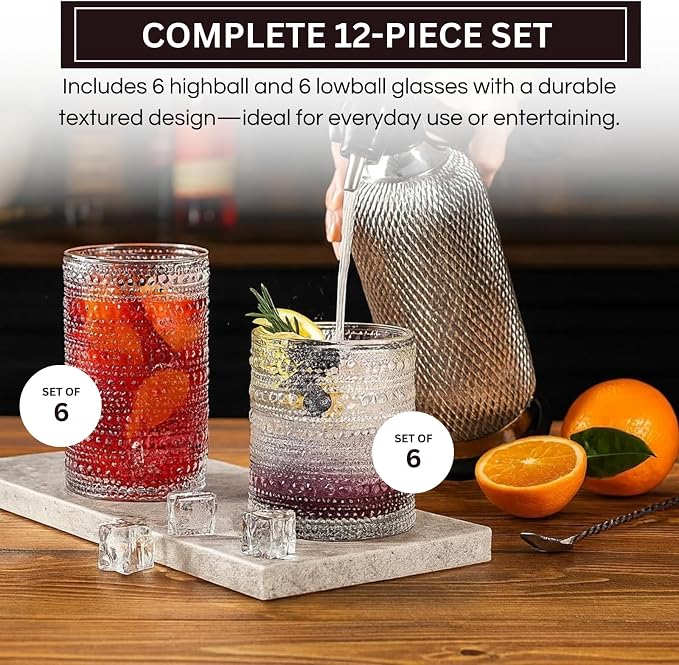 Khen Vintage Hobnail Drinking Glasses Set of 12, 13oz Highball Glasses & 10 oz - Image 3