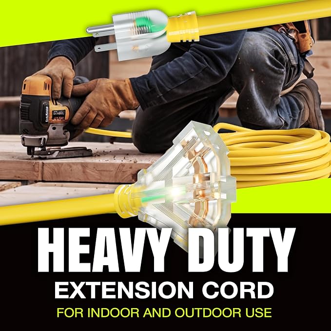10ft Outdoor/Indoor Extension Cord 3-Outlet 12/3 Gauge Extra Heavy Duty 3 Prong - Image 7