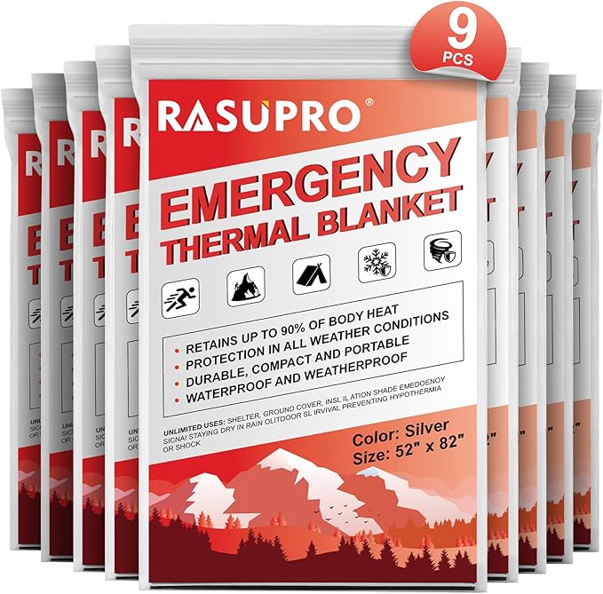 9 Pack Emergency Blankets, Outdoor Survival Emergency Insulated Gear, Mylar by Rasupro