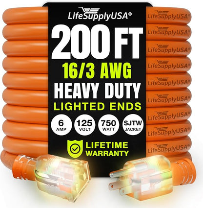 200ft Outdoor/Indoor Extension Cord 16/3 Gauge Heavy Duty 3 Prong SJTW by LifeSupplyUSA
