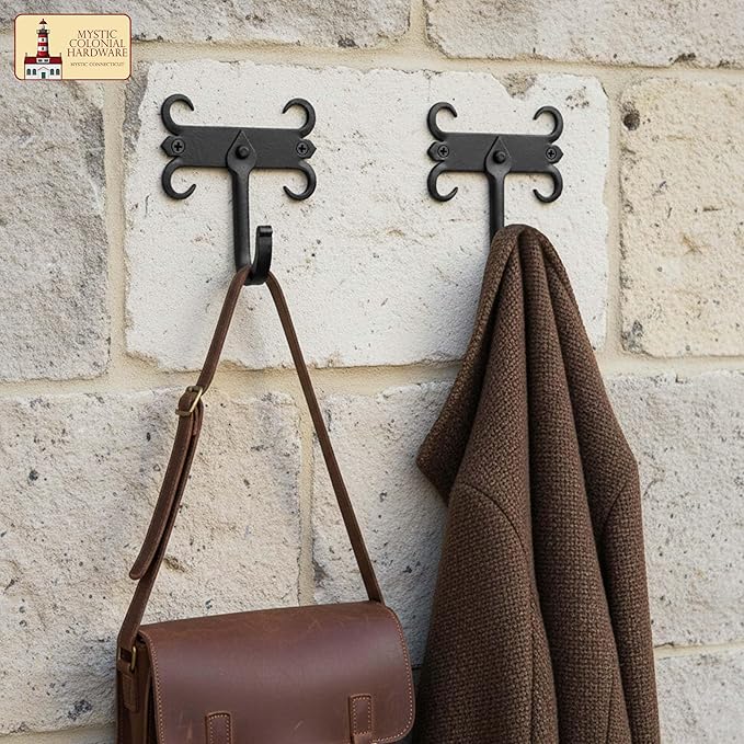 Mystic Colonial Rustic Cast Iron Wall Hooks, Heavy Duty Retro Utility Hooks - Image 3