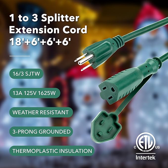 BN-LINK 1 to 3 Splitter Extension Cord, 24 ft End to End, 16/3 SJTW Weather - Image 4