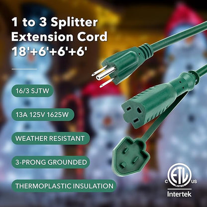 BN-LINK 1 to 3 Splitter Extension Cord, 24 ft End to End, 16/3 SJTW Weather - Image 4