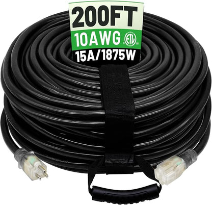 POWGRN 200 Ft 10AWG Black Outdoor Extension Cord Waterproof Heavy Duty 10 Gauge by POWGRN