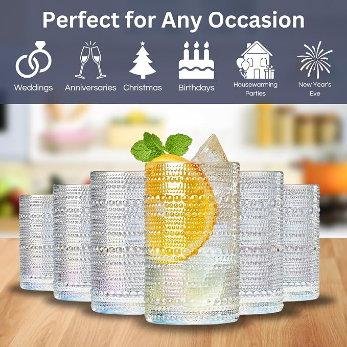 Hobnail Beaded Highball Drinking Tumbler Glasses | Set of 6 | Iridescent Pearl - Image 5