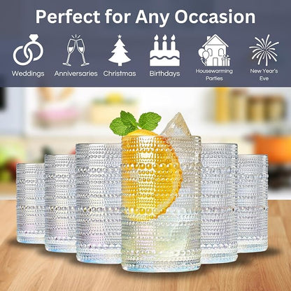 Hobnail Beaded Highball Drinking Tumbler Glasses | Set of 6 | Iridescent Pearl - Image 5