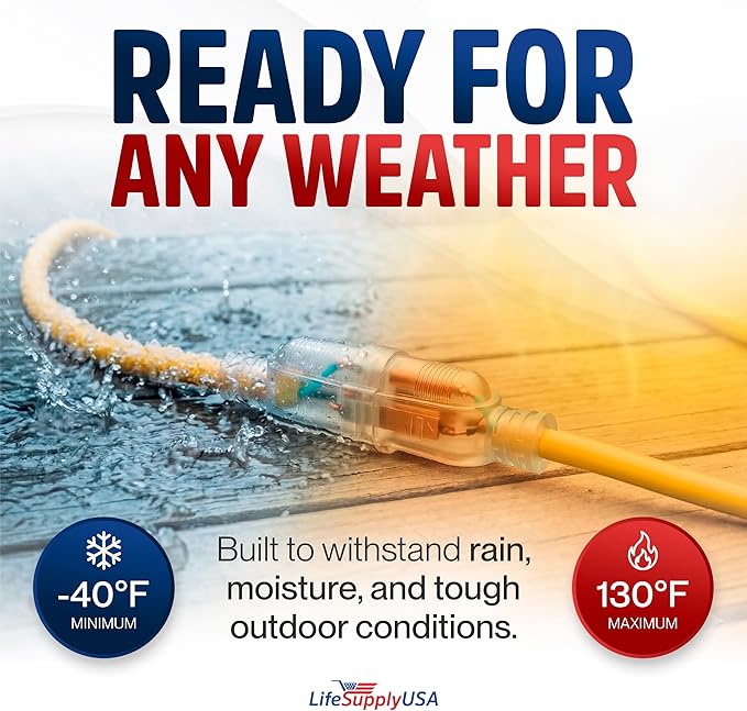 10ft Outdoor/Indoor Extension Cord 14/3 Gauge Heavy Duty 3 Prong SJTW, - Image 5