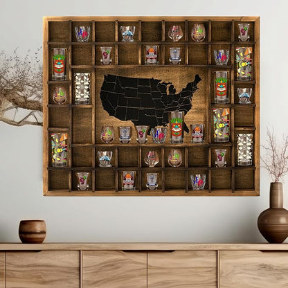 GlikCeil Large Map Slots Shot Glass Display Case Rustic Wood Holder by GlikCeil