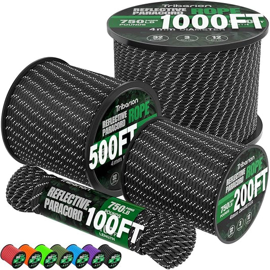 Reflective Paracord Rope 750 lb - 500ft 5/32" Parachute Cord 4MM 12-Strand para by Triberion